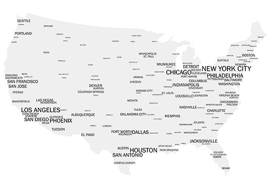 USA Cities by Size Map