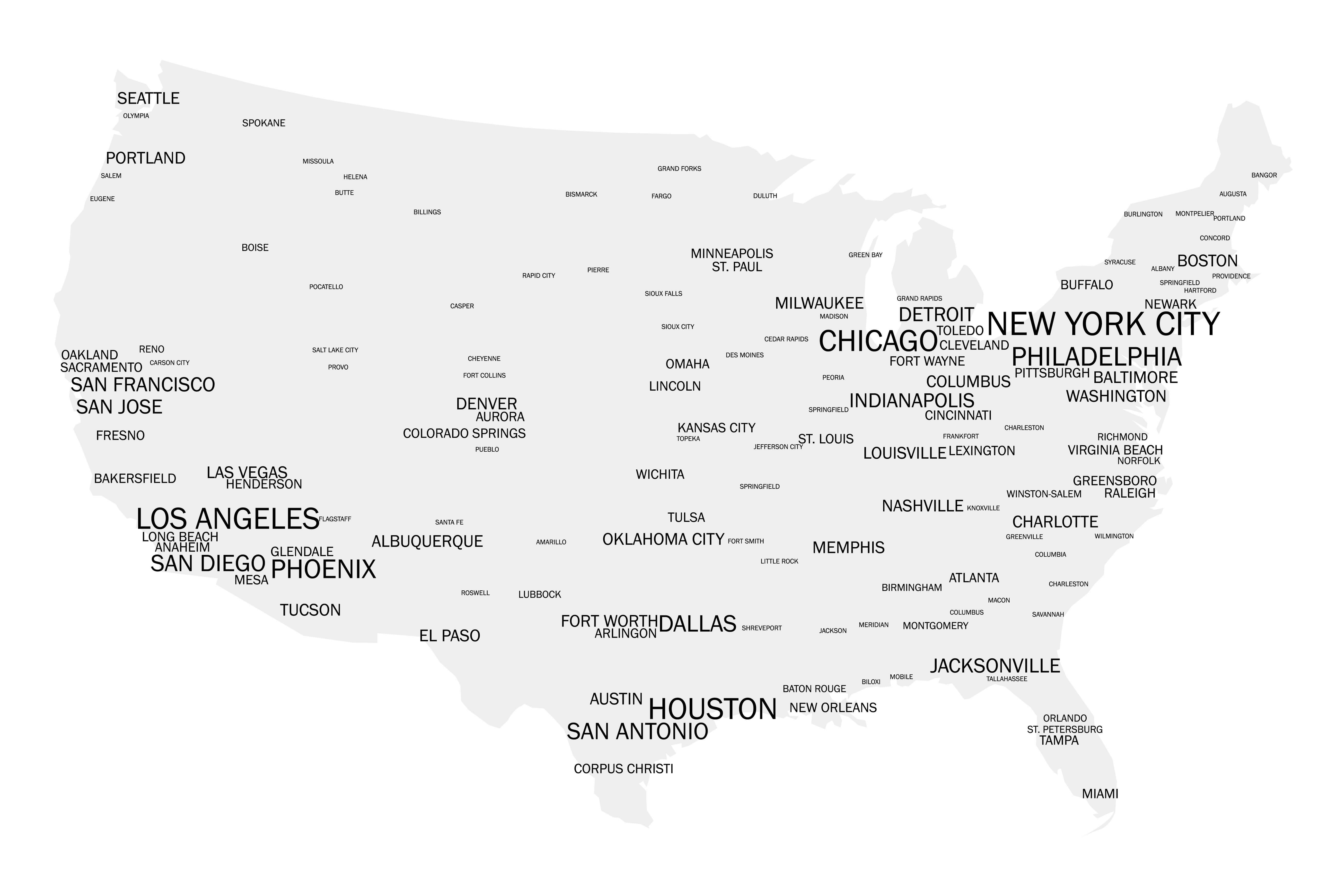 USA Cities by Size Map