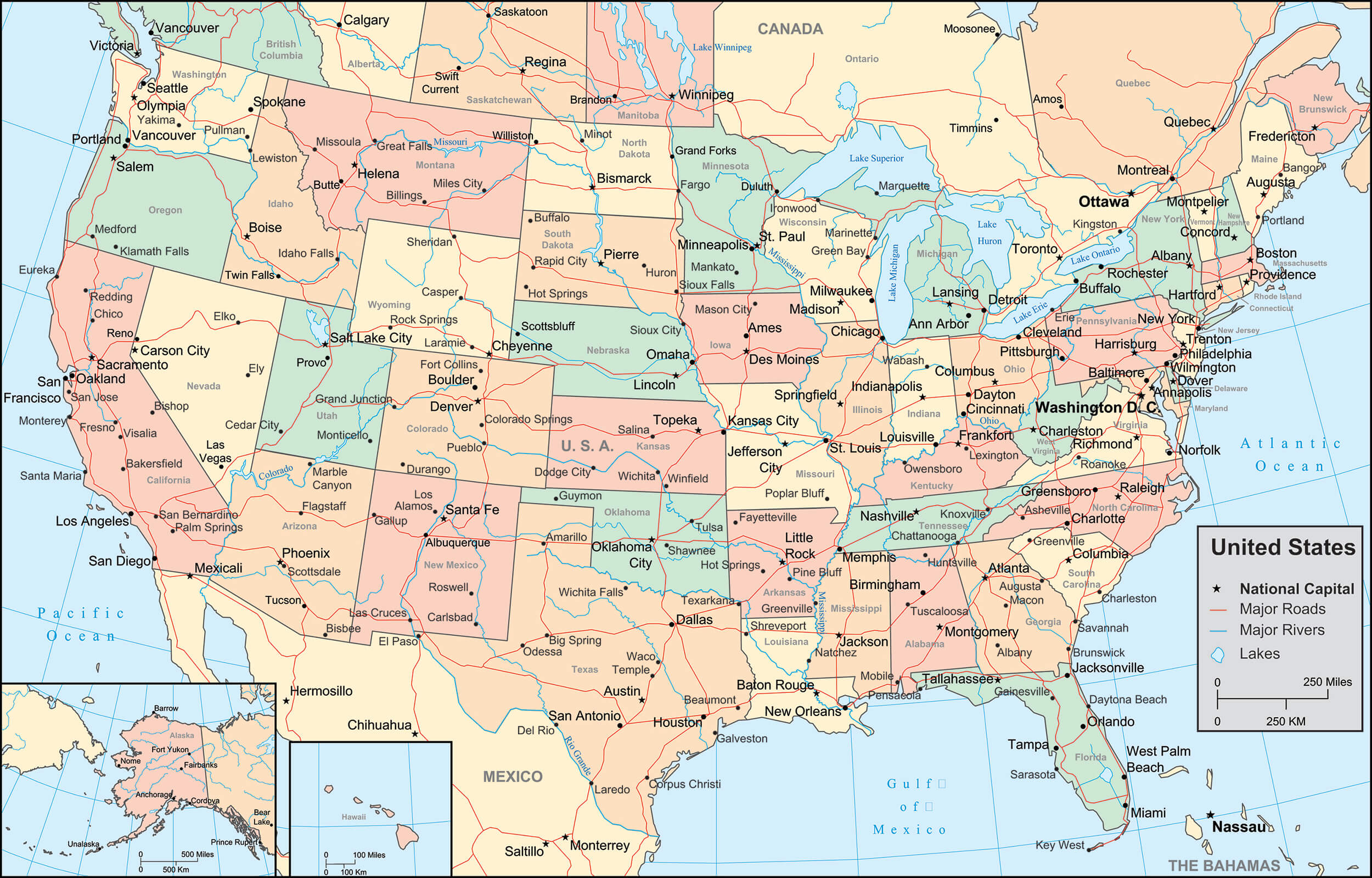 USA Political Map with states and cities